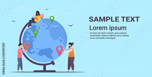 people placing geo tags pointers on globe mix race travelers near earth planet holding location markers gps navigation business position travel concept flat full length copy space horizontal