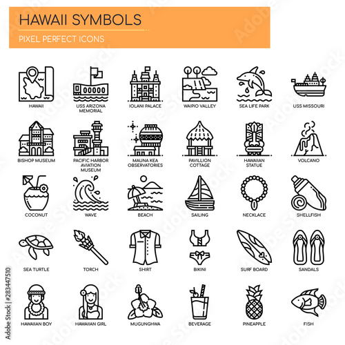 Hawaii Symbols , Thin Line and Pixel Perfect Icons