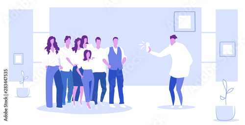 businessman using smartphone camera taking photo of business people team standing together successful teamwork concept sketch horizontal full length