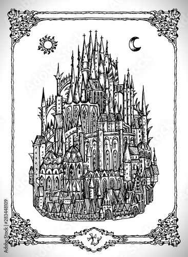 Mediaval castle or town with towers. Vector line art mystic illustration. Engraved drawing in gothic style. Occult, esoteric and fantasy concept