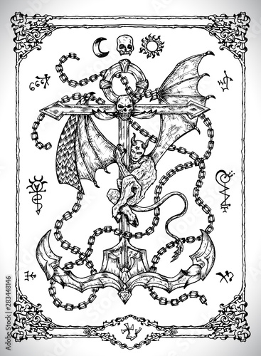 Anchor symbol with demon. Vector line art engraved illustration in gothic style. No foreign language, all symbols are fantasy. Occult, esoteric, Halloween and mystic concept