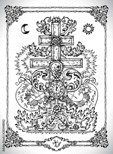 Cross symbol with baroque decorations. Vector line art mystic illustration. Engraved drawing in gothic style. Occult, esoteric and fantasy concept