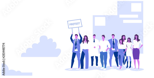 businesspeople group holding protest placard signboard business people crowd standing together demonstration concept city street cityscape background sketch horizontal full length
