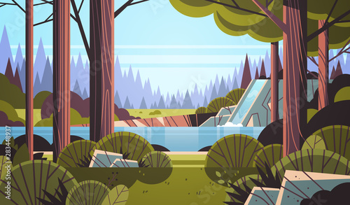 beautiful waterfall over rocky cliff green summer forest nature landscape background flat horizontal