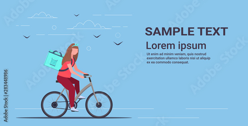woman courier with large backpack riding bike delivering food from shop or restaurant express delivery service concept flat horizontal full length copy space