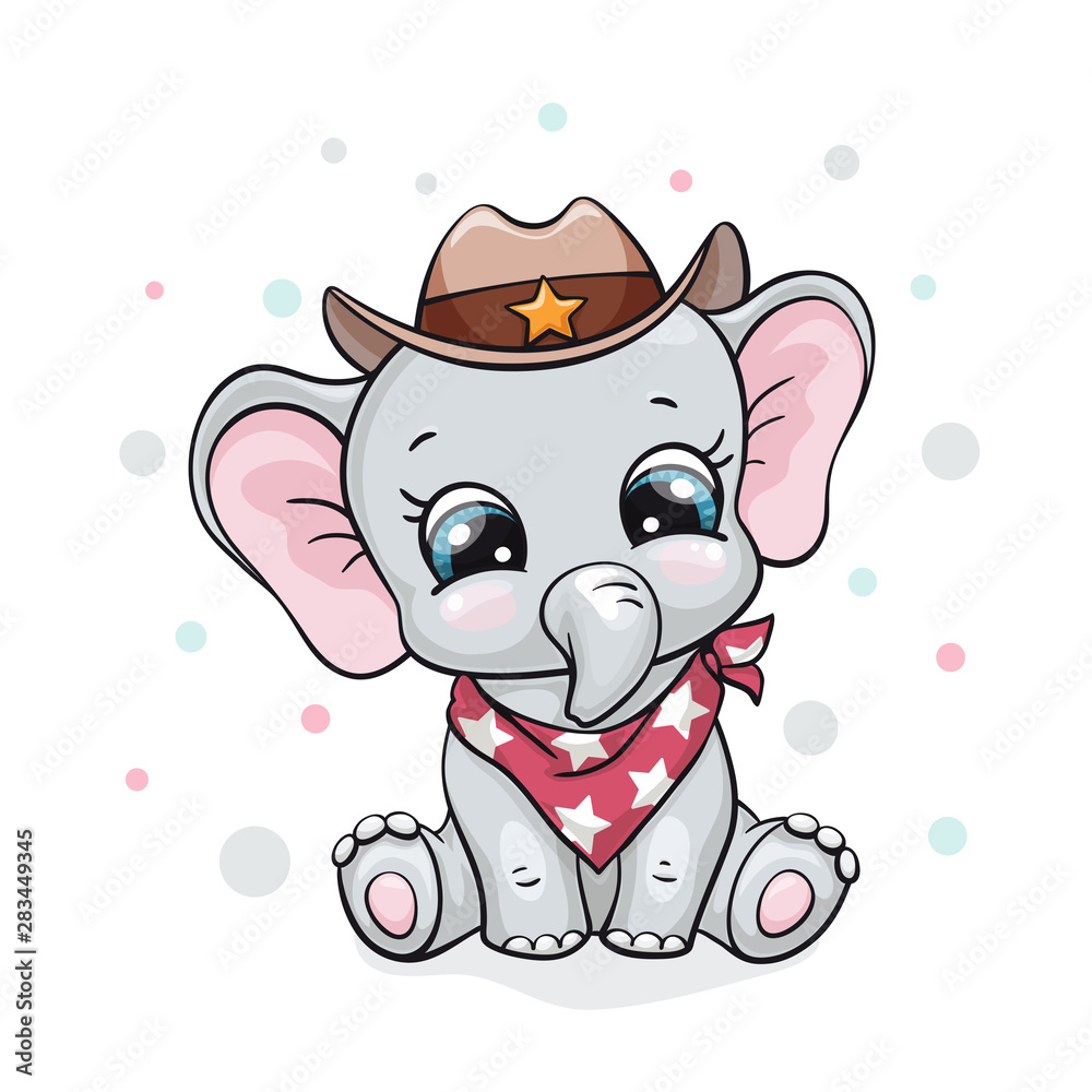 Obraz premium Elephant, baby cute print. Sweet tiny cowboy with hat and scarf. Cool african animal illustration