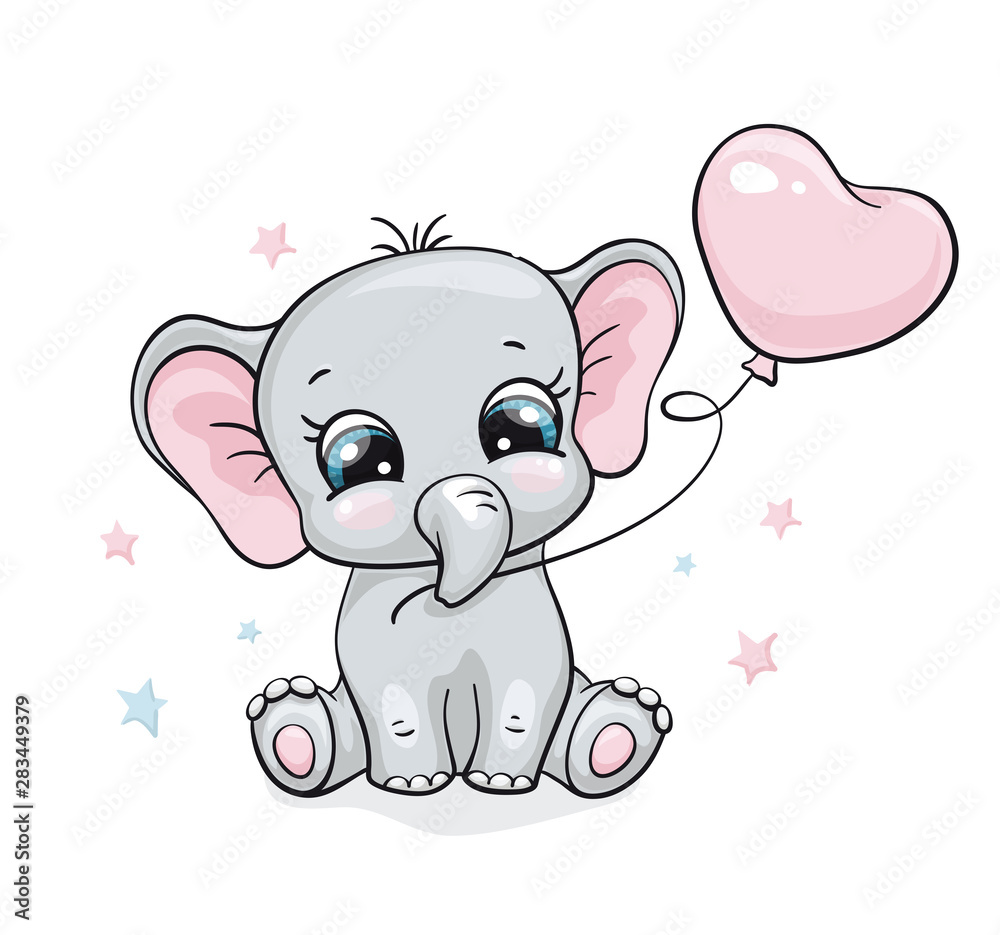 Elephant, baby cute print. Sweet tiny one with ballon an star. Cool african  animal illustration Stock Vector | Adobe Stock