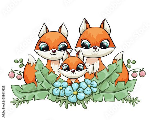 Fox baby with mom and dad cute print. Sweet tiny family. Cool friends animal with forest flower