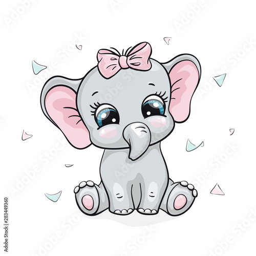 Elephant  baby cute print. Sweet tiny girl with bow and confetti. Cool african animal illustration
