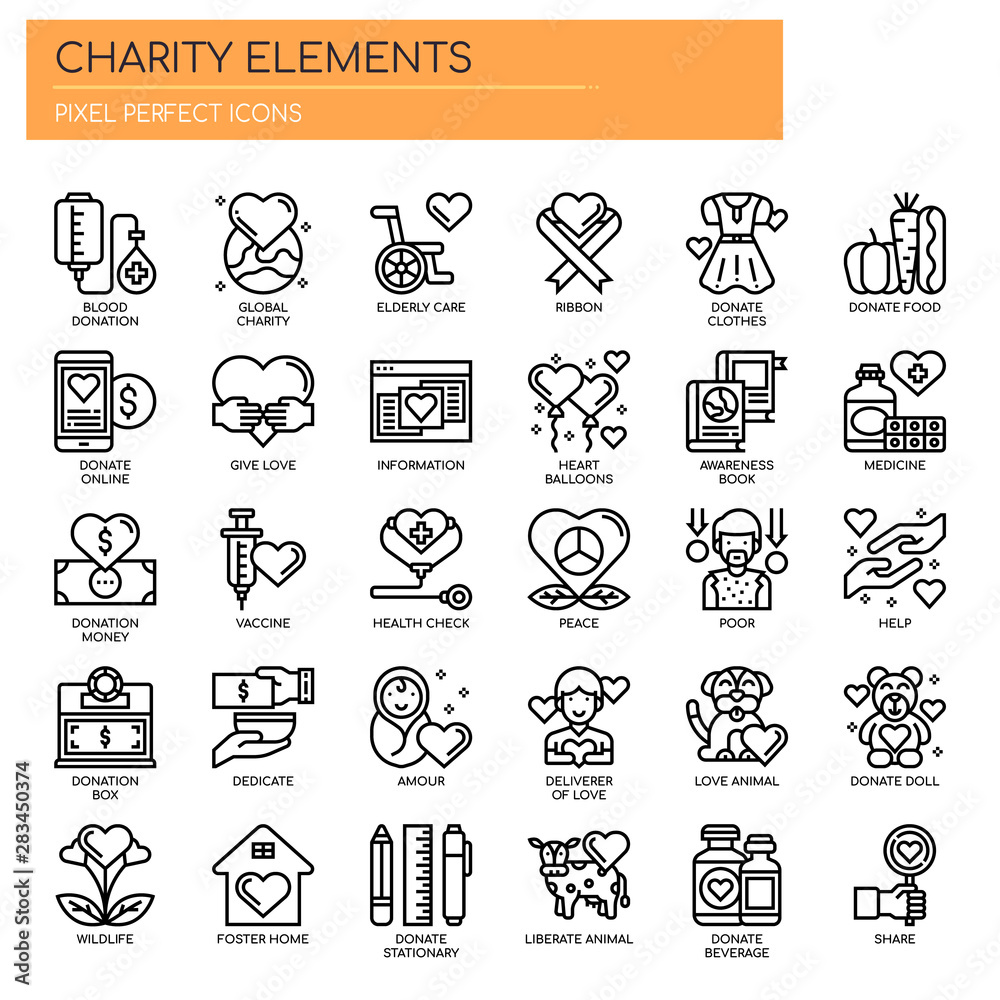 Charity Elements , Thin Line and Pixel Perfect Icons