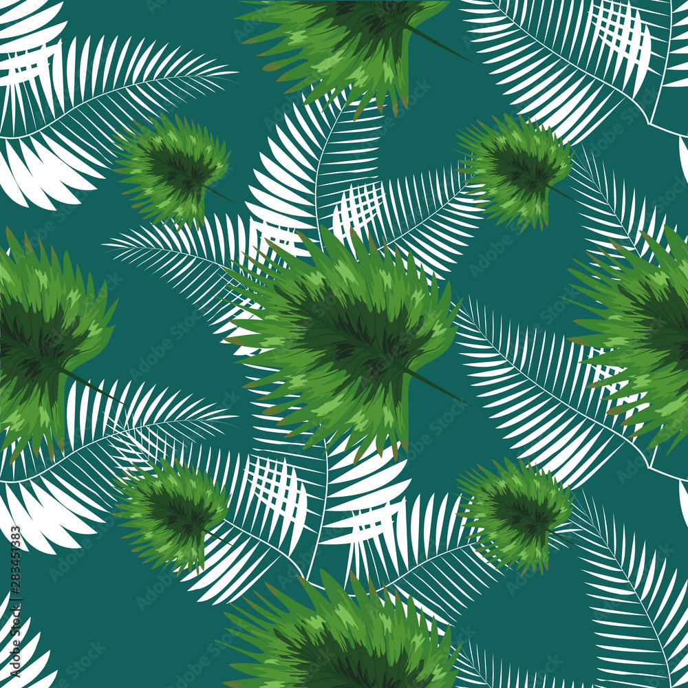 Fototapeta turquoise and green tropical leaves. Seamless graphic design with amazing palms.