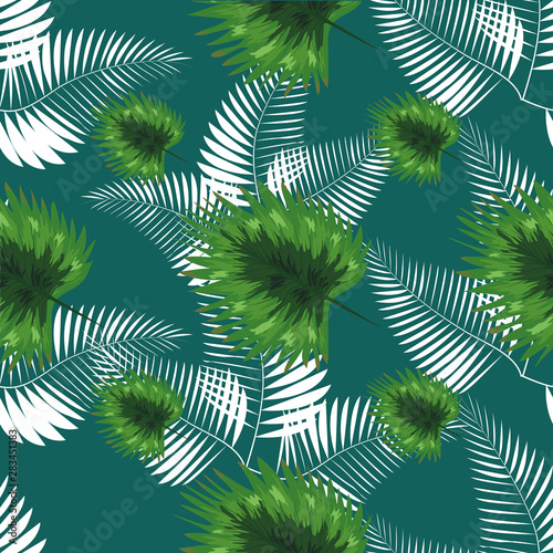 turquoise and green tropical leaves. Seamless graphic design with amazing palms.