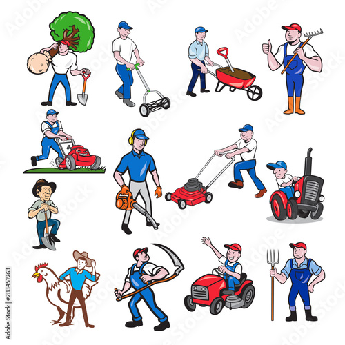 Set or collection of cartoon character mascot style illustration of a agricultural worker, gardener or farmer riding tractor, ride-on lawnmower, mower, holding scythe, shovel tool on isolated white ba