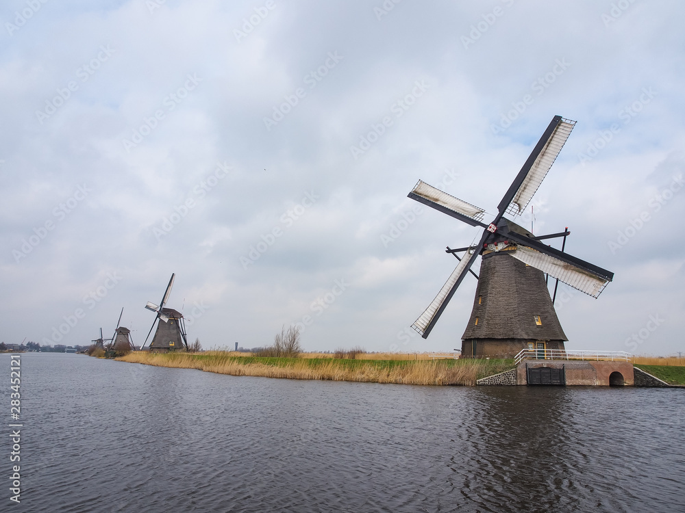 Netherlands rural landscape with windmills