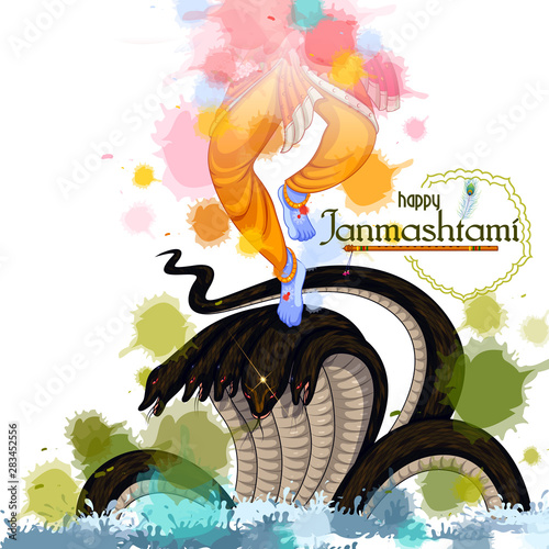 vector illustration of Krishna dancing on Kaliya snake on Happy Janmashtami festival background of India