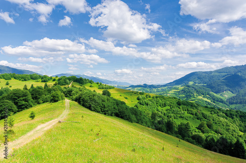 beautiful mountain landscape in summertime. footpath through forests and grassy meadow on rolling hills. ridge in the distance. amazing sunny weather with fluffy clouds on the blue sky