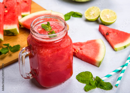 Fresh Water Melon Smoothie With Lemon And Straw