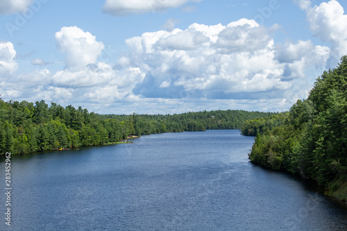 A river is viewed from a crossing with evergreen-rich forests on both shores.