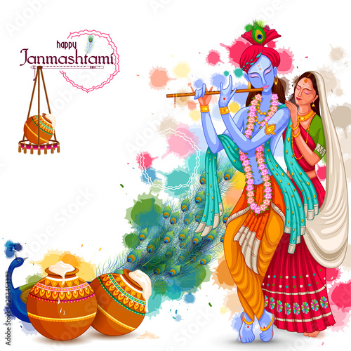 vector illustration of God Krishna playing flute with Radha on Happy Janmashtami festival background of India