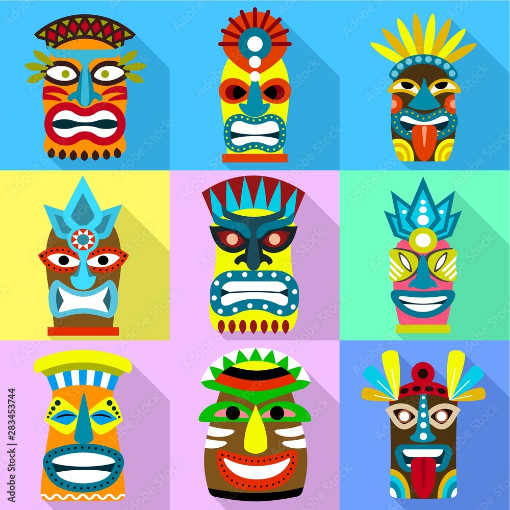 Ritual african mask icon set. Flat set of 9 ritual african mask vector icons for web design isolated on white background Ritual african mask icon set. Flat set of 9 ritual african mask vector icons for web design isolated on white background