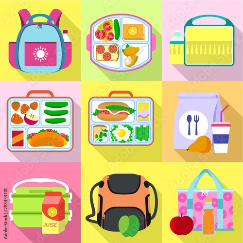 Snack lunch bag icon set. Flat set of 9 snack lunch bag vector icons for web design isolated on white background