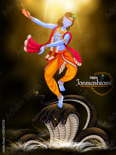 vector illustration of Krishna dancing on Kaliya snake on Happy Janmashtami festival background of India