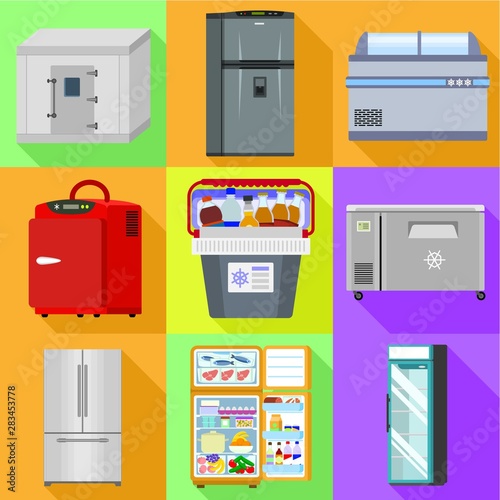 Portable fridge icon set. Flat set of 9 portable fridge vector icons for web design isolated on white background