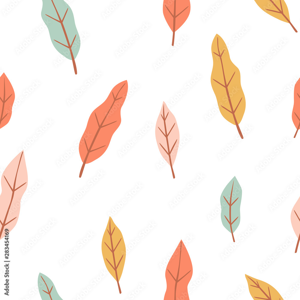 Floral seamless pattern with simple little leaves in pastel color. Autumn repeatable background. Cute childish print. Vector illustration in Scandinavian decorative style. Floral seamless pattern with simple little leaves in pastel color. Autumn repeatable background. Cute childish print. Vector illustration in Scandinavian decorative style.