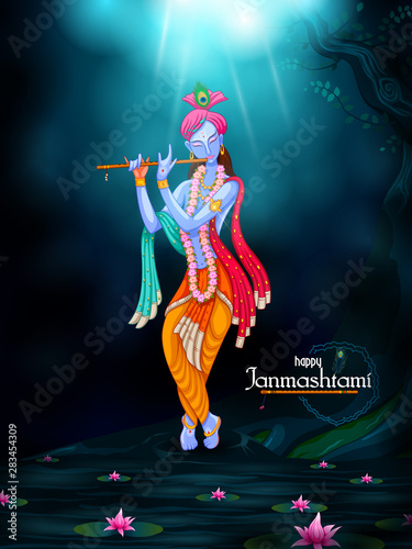 vector illustration of God Krishna playing flute on Happy Janmashtami festival background of India