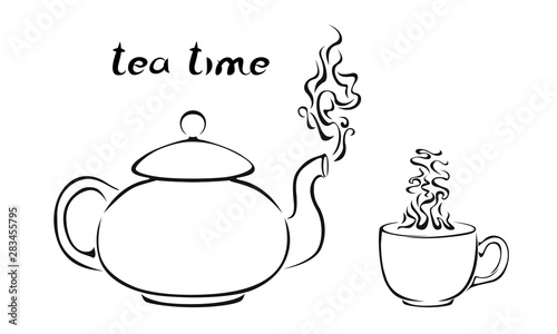 Teapot and cup with steaming tea isolated on white background. Vector simple black and white outline illustration. Icon.