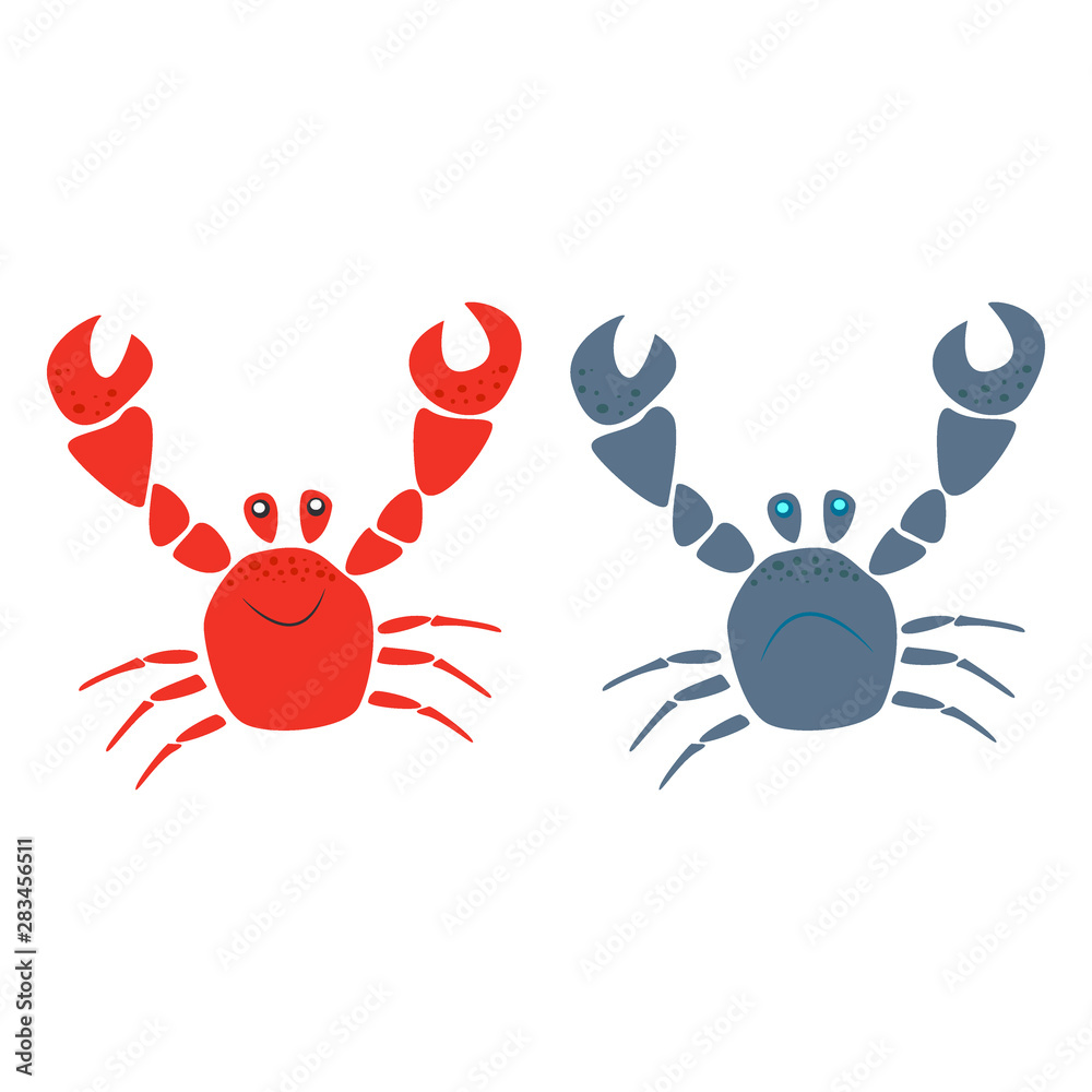 Red and blue funny smiling and cry cartoon crabs characters with raised claws isolated Red and blue funny smiling and cry cartoon crabs characters with raised claws isolated