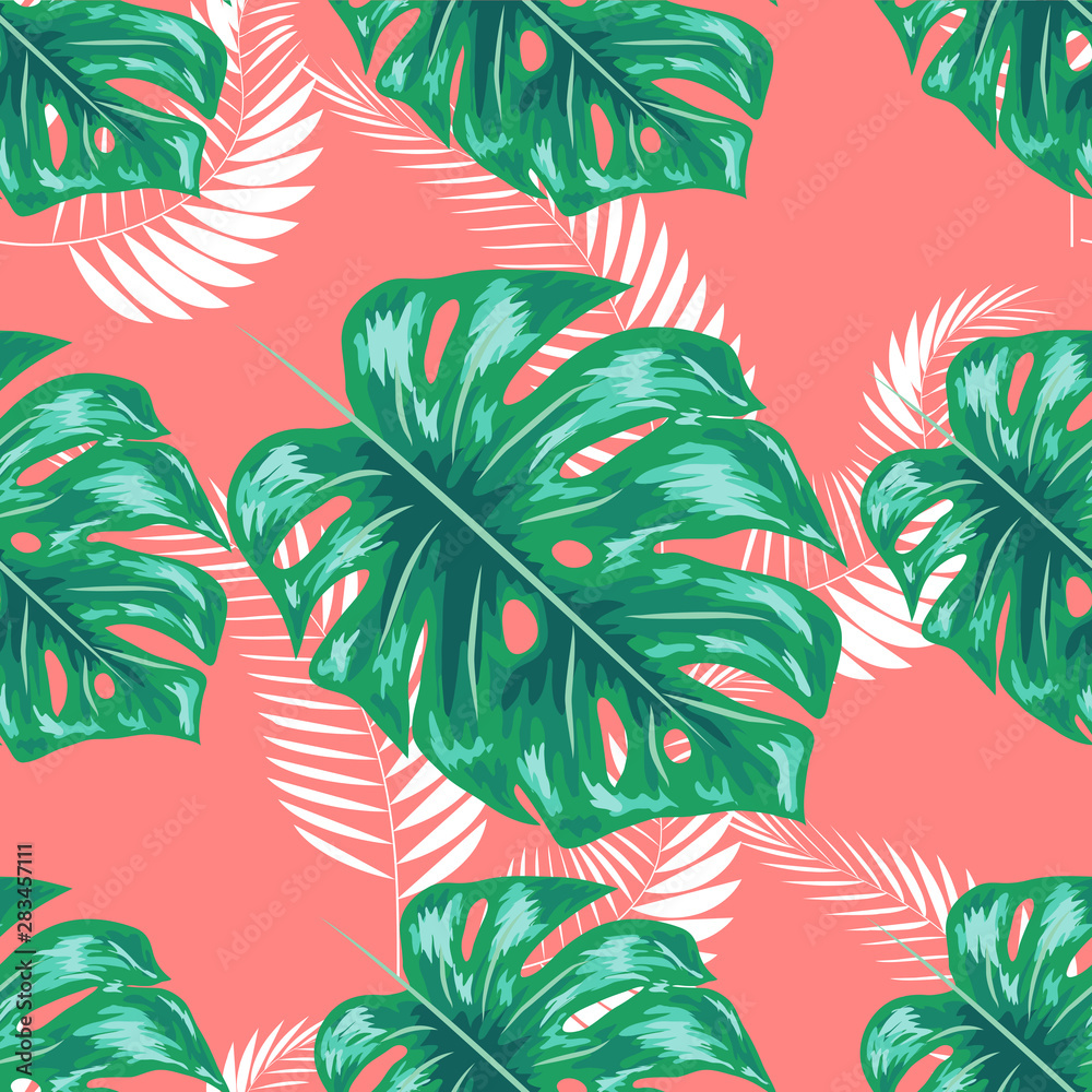 Tropical leaf design featuring navy Palm and blue Monstera plant leaves on a pink background. Seamless pattern. Tropical leaf design featuring navy Palm and blue Monstera plant leaves on a pink background. Seamless pattern.
