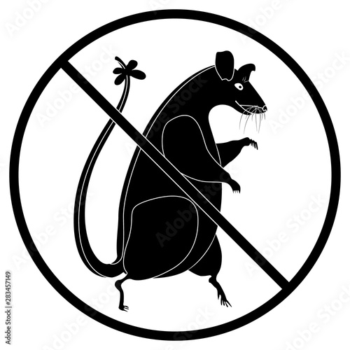 Ban for rats. Round prohibition sign and big rat. The concept of environmental protection from harmful rodents. Icon, logo, sticker for design on the theme of danger from rats.