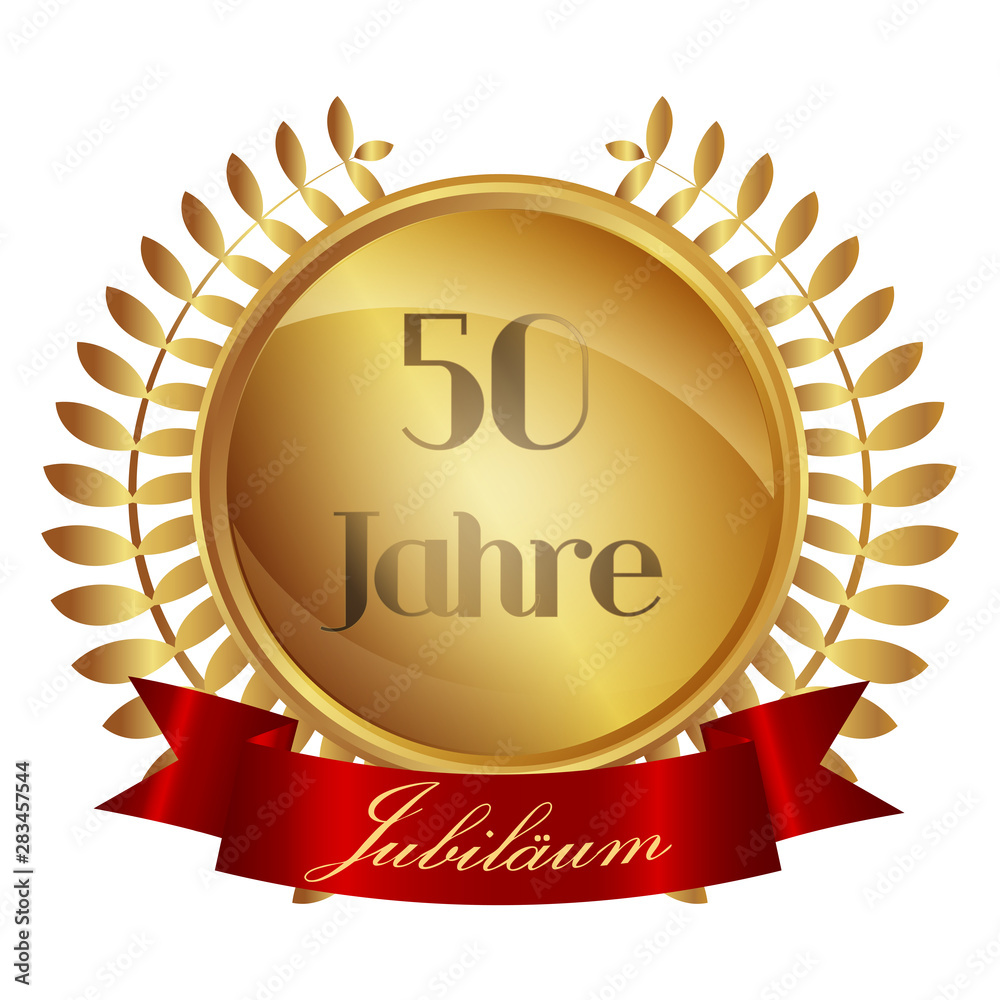 Medaille mit Lorbeeren und Banner - 50 Jahre - gold 3D Medaille mit Lorbeeren und Banner - 50 Jahre - gold 3D