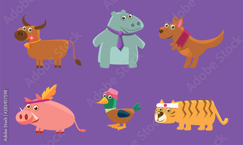 Cute Animals Set, Deer, Hippo, Kangaroo, Pig, Duck, Tiger Vector Illustration