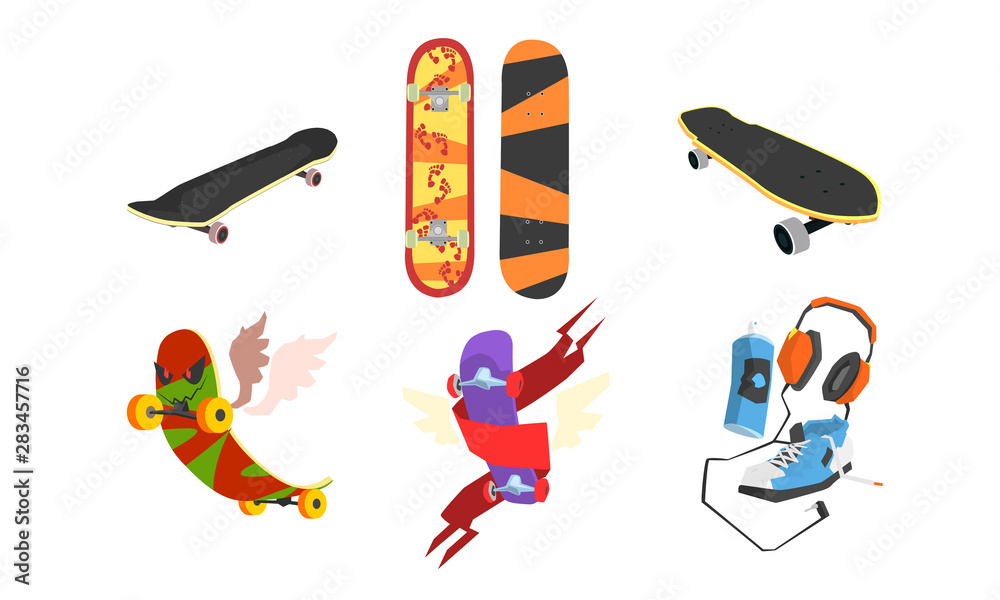 Naklejka premium Collection of Skateboards, Active Lifestyle, Extreme Sport Equipment Vector Illustration