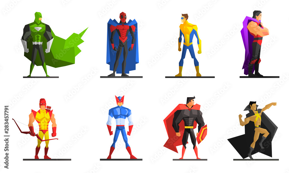 Superheroes Set, Different Male Superhero Characters in Colorful Costumes Vector Illustration