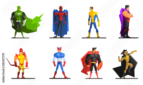 Obraz na płótnie Superheroes Set, Different Male Superhero Characters in Colorful Costumes Vector