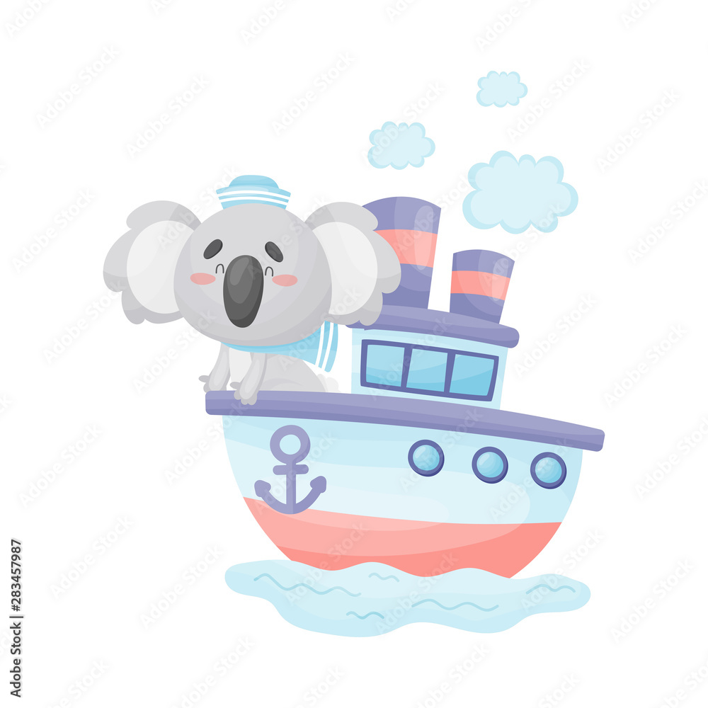 Fototapeta premium Cute koala sailing on the steamer. Vector illustration on white background.