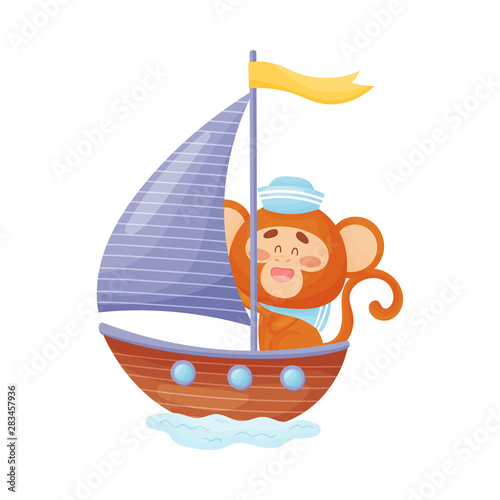 Cute monkey sails on a sailboat. Vector illustration on white background.