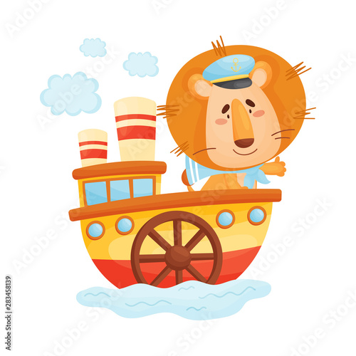 Cute lion sailing on the steamer. Vector illustration on white background.
