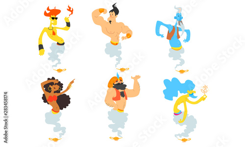 Gin Fairy Tale Characters Set, Men and Women Coming Out from Magic Lamps Cartoon Vector Illustration