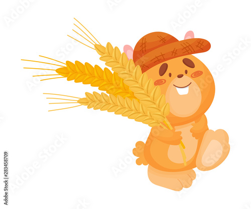 Cartoon hamster with ears of wheat. Vector illustration on white background.