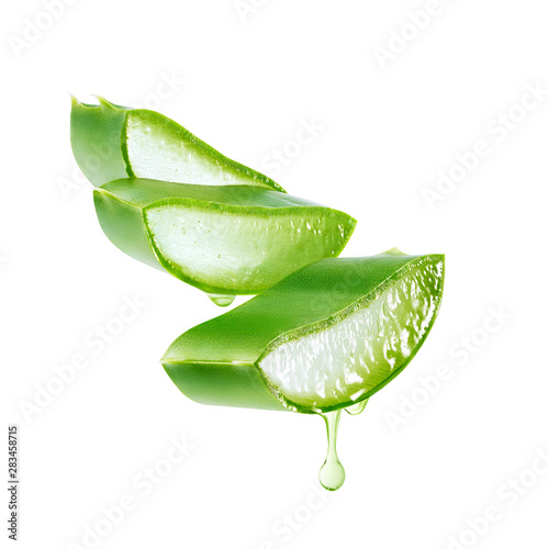 Aloe vera gel dripping from aloe vera slice isolated on white background photo