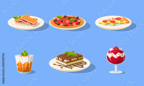 Tasty Dishes Set, Delicious Food, Pizza, Cake, Desserts, Confectionery Vector Illustration