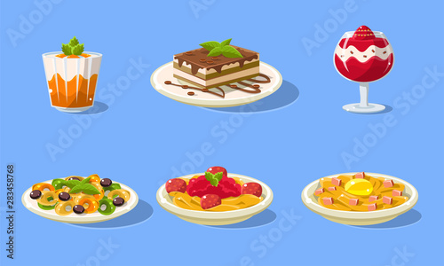 Tasty Dishes Set, Delicious Food, Main Dishes and Desserts Vector Illustration