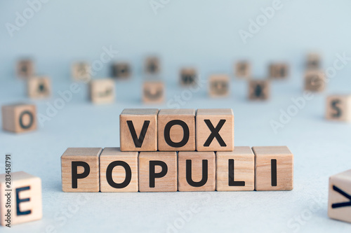 vox populi - Latin words from wooden blocks with letters, opinions of people vox pop voice of the people concept, random letters around, white  background