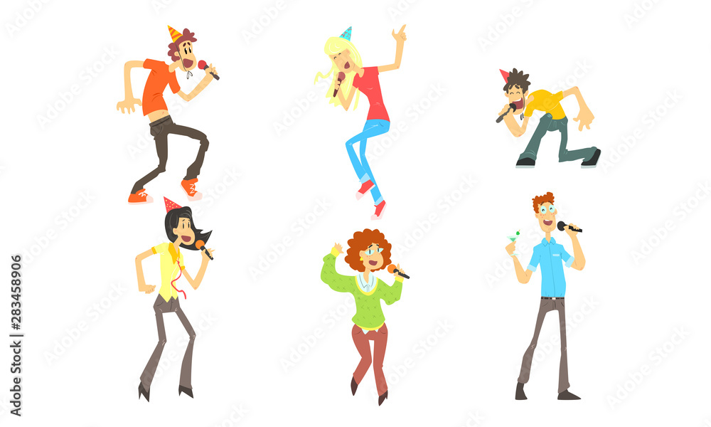 Cute Funny People Emotionally Singing with Microphone, Man and Woman Singing Karaoke at Party Vector Illustration