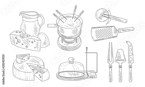 Tools for Chopping and Cutting of Cheese, Steel Knives Set, Cheese Fondue French Dish Vector Illustration