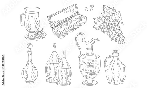 Wine Set, Hand Drawn Wine Objects, Various Bottles, Wineglass, Grapes Vector Illustration